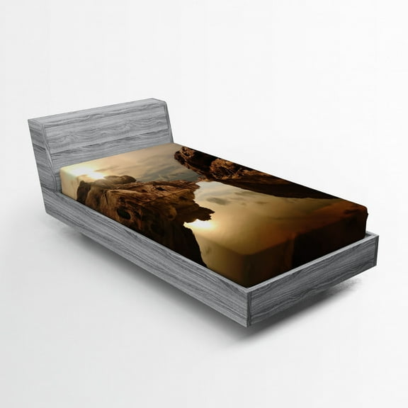 Ambesonne Nature Fitted Sheet, Sunrise Rocks Sky Lake, Twin Size, Multicolor