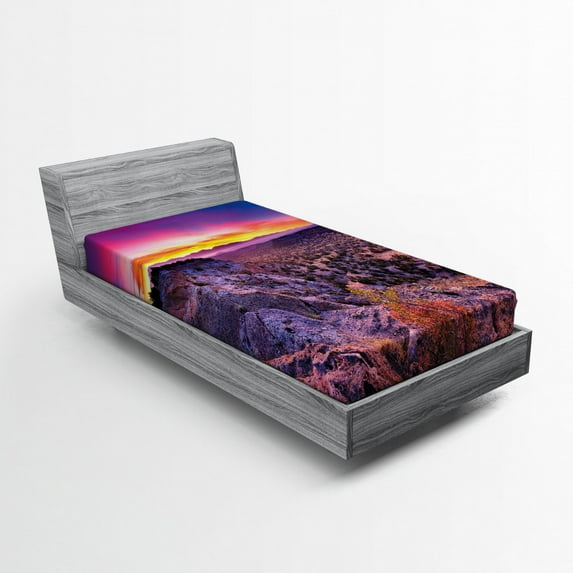 Ambesonne Nature Fitted Sheet, Sunrise Sky Horizon Dusk, Twin Size, Purple Blue