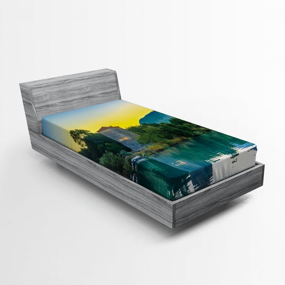 Ambesonne Nature Fitted Sheet, Sunrise at Lake, Twin XL Size, Blue Green