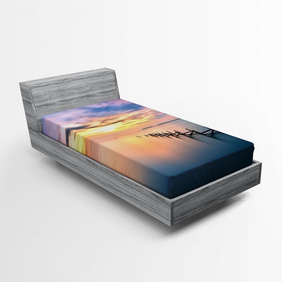 Ambesonne Nature Fitted Sheet, Sunset Abandoned Jetty, Twin XL Size, Marigold Petrol Blue