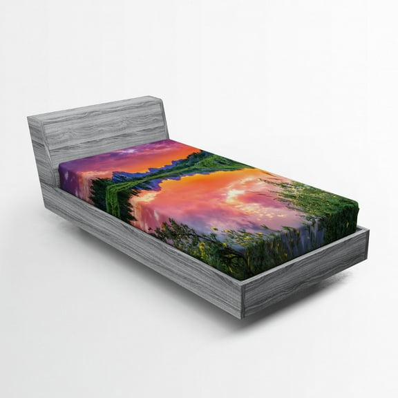 Ambesonne Nature Fitted Sheet, Sunset Reflection River, Twin Size, Orange Green Purple