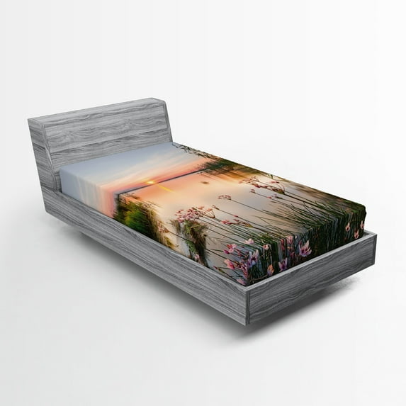 Ambesonne Nature Fitted Sheet, Sunset at Chudskoy Lake, Twin XL Size, Pale Blue Pale Pink