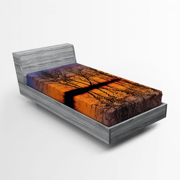 Ambesonne Nature Fitted Sheet, Sunset by Lake View, Twin XL Size, Multicolor