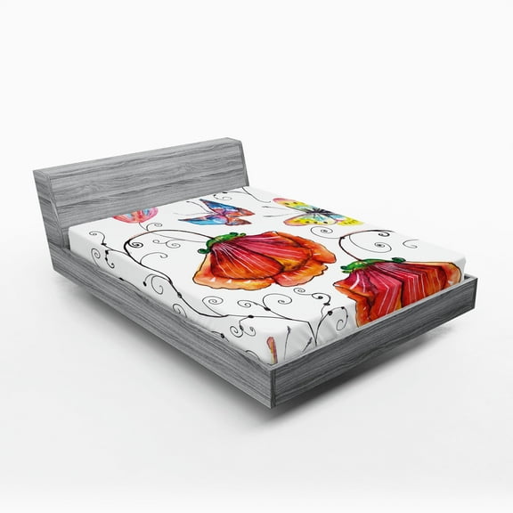 Ambesonne Nature Fitted Sheet, Swirled Flowers Flamingo, Full Size, Multicolor