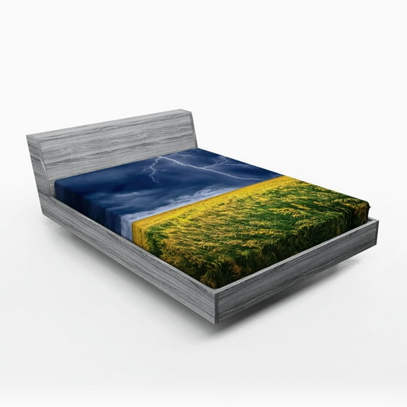 Ambesonne Nature Fitted Sheet, Thunder Bolt Rural Field, Queen Size, Yellow Blue