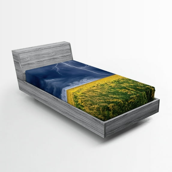 Ambesonne Nature Fitted Sheet, Thunder Bolt Rural Field, Twin Size, Yellow Blue
