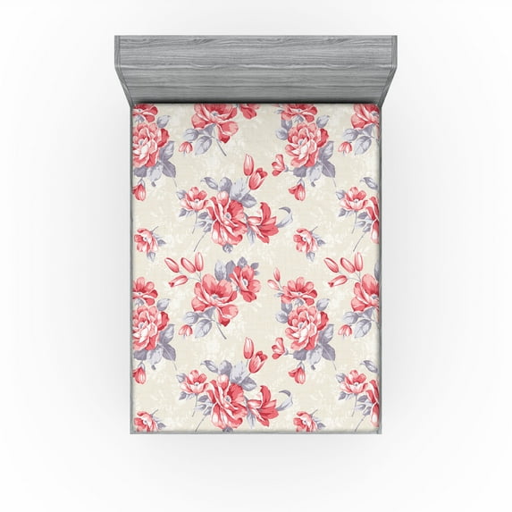 Ambesonne Nature Fitted Sheet, Traditional Oriental Roses, Full Size, Dark Pink Taupe Grey