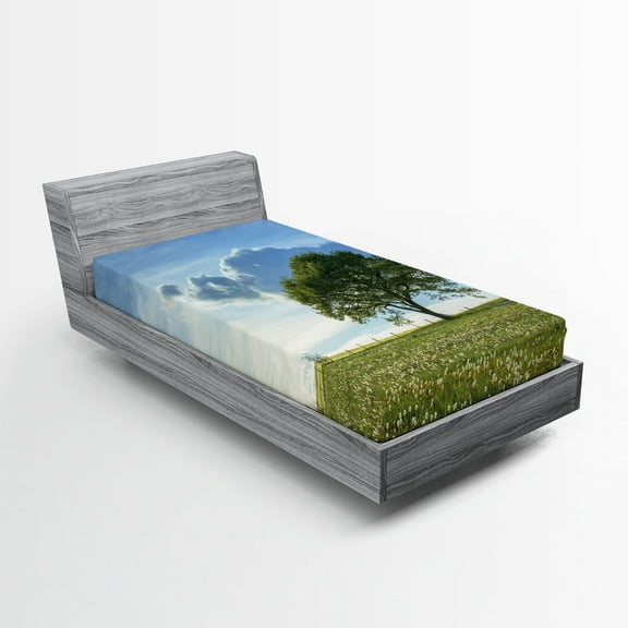 Ambesonne Nature Fitted Sheet, Tree on Field Summer, Twin XL Size, Green Blue