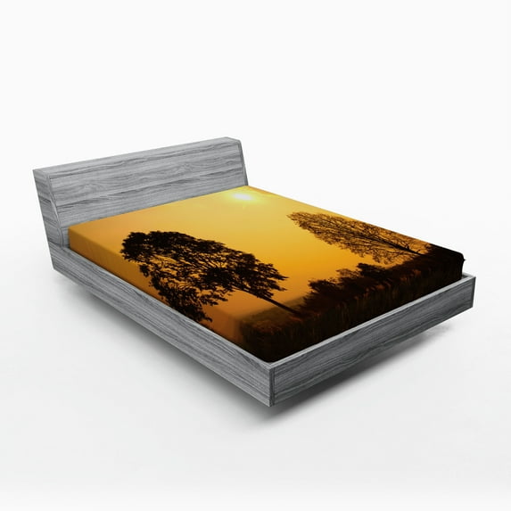 Ambesonne Nature Fitted Sheet, Tree on Sunset Twilight, Full Size, Orange Brown