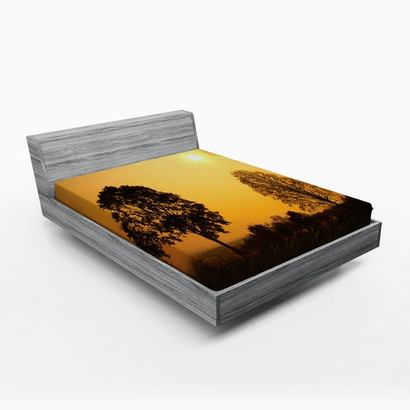 Ambesonne Nature Fitted Sheet, Tree on Sunset Twilight, Queen Size, Orange Brown