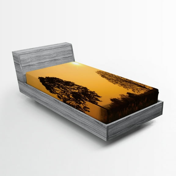 Ambesonne Nature Fitted Sheet, Tree on Sunset Twilight, Twin XL Size, Orange Brown