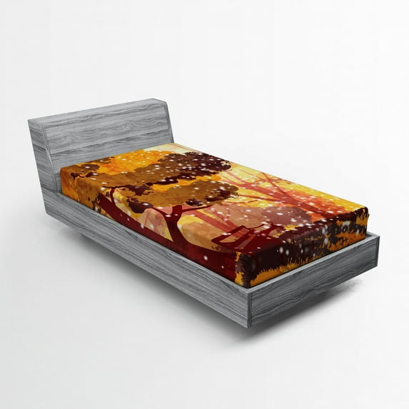 Ambesonne Nature Fitted Sheet, Trees and Bench Snowfall, Twin Size, Multicolor