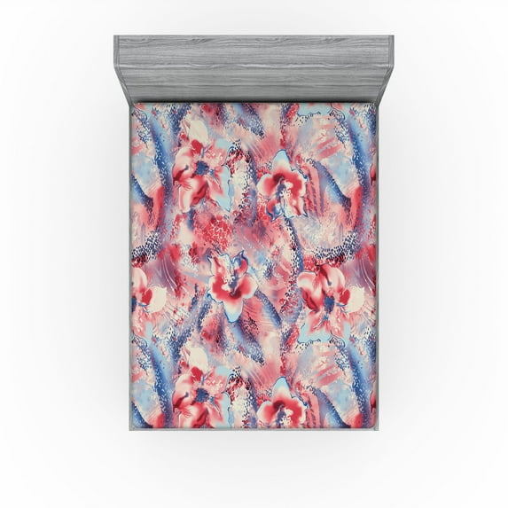 Ambesonne Nature Fitted Sheet, Tropical Flowers Grungy Art, Full Size, Dark Coral and Ceil Blue