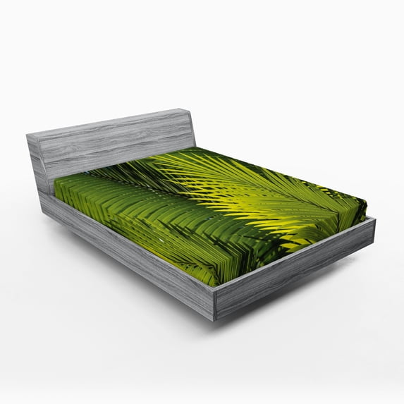 Ambesonne Nature Fitted Sheet, Tropical Foliage Leaf, Full Size, Fern Green