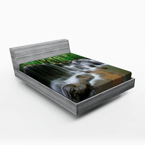 Ambesonne Nature Fitted Sheet, Tropical Forest Scenery, Full Size, Forest Green Brown White