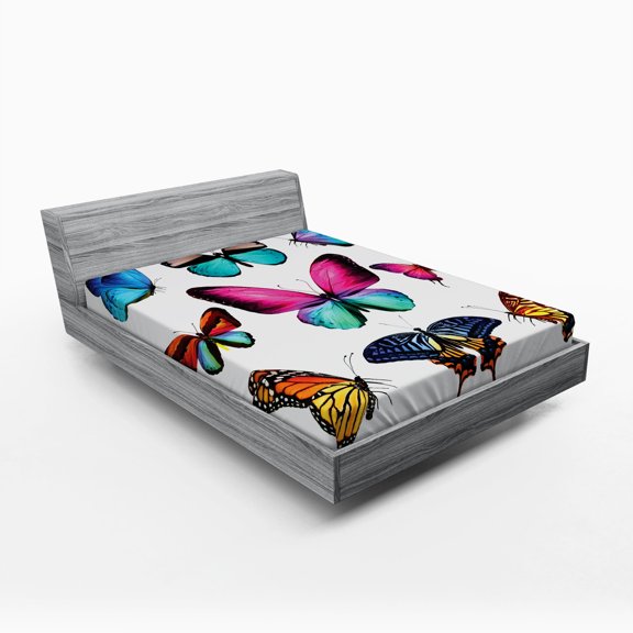 Ambesonne Nature Fitted Sheet, Vibrant Butterflies Set, Queen Size, Multicolor