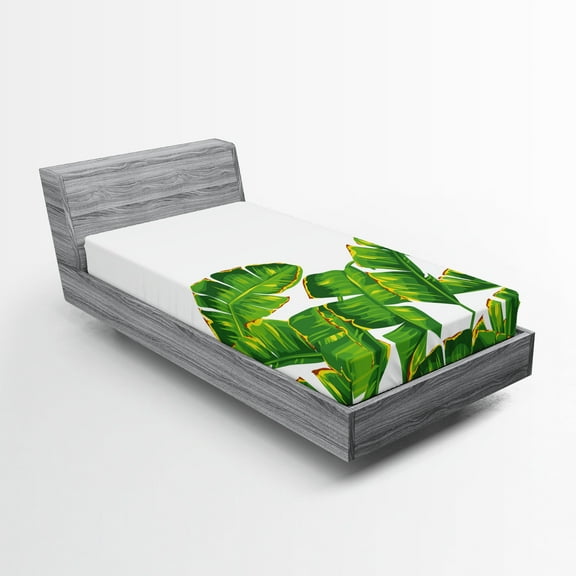 Ambesonne Nature Fitted Sheet, Vibrant Tropical Foliage, Twin XL Size, Hunter Green Yellow