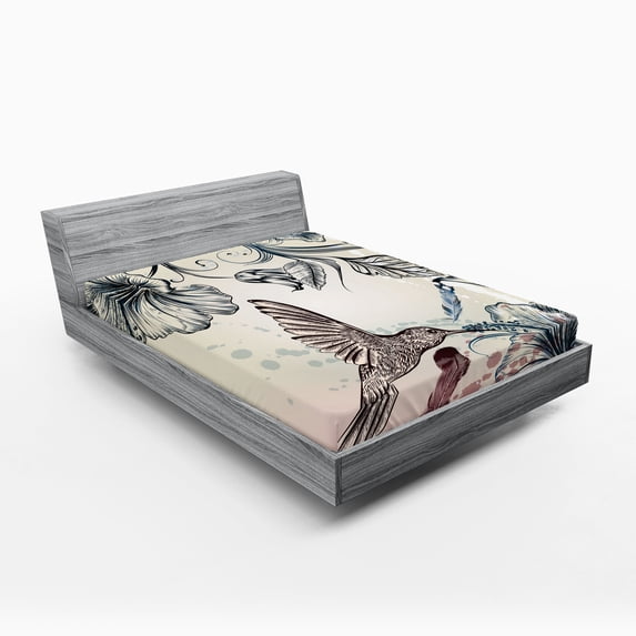 Ambesonne Nature Fitted Sheet, Vintage Birds Flowers, Queen Size, Teal Brown