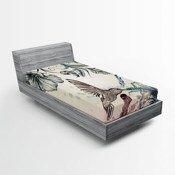 Ambesonne Nature Fitted Sheet, Vintage Birds Flowers, Twin XL Size, Teal Brown