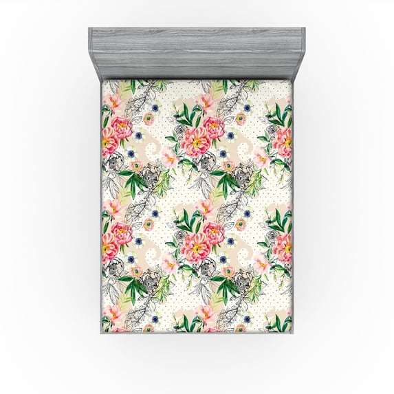 Ambesonne Nature Fitted Sheet, Watercolor Flowers Dots Art, Full Size, Hunter Green and Dark Coral