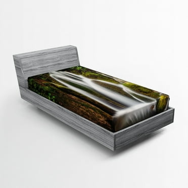 Ambesonne Nature Fitted Sheet, Waterfall Forest Cascade, Twin Size, White Green