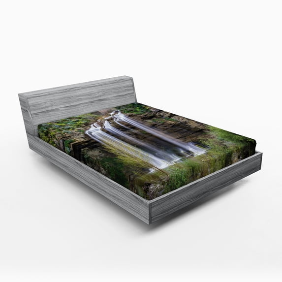 Ambesonne Nature Fitted Sheet, Waterfall Forest Sicily, Queen Size, Brown Green White