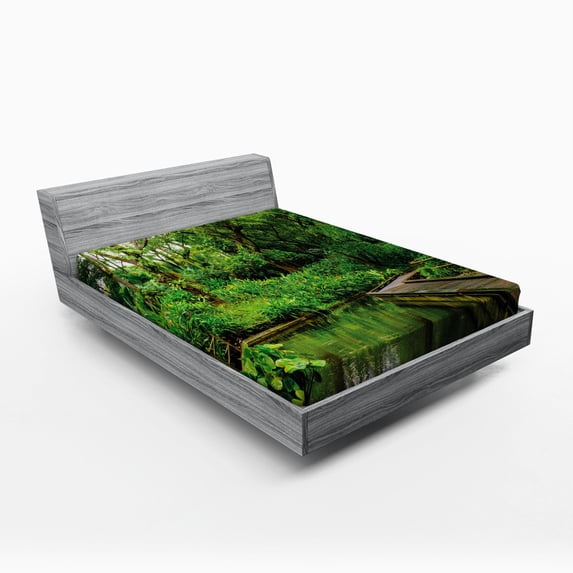 Ambesonne Nature Fitted Sheet, Wild Exotic Forest Pier, Queen Size, Hunter Green Brown