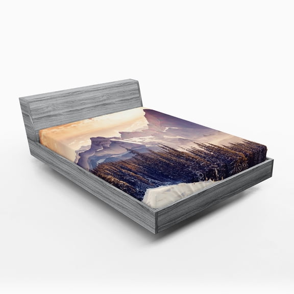 Ambesonne Nature Fitted Sheet, Winter Evening Mountain, Full Size, Multicolor