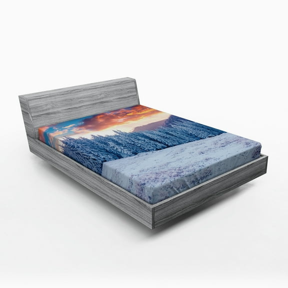 Ambesonne Nature Fitted Sheet, Winter Snowy Forest Sky, Queen Size, Sky Blue Salmon