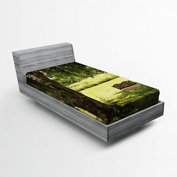 Ambesonne Nature Fitted Sheet, Wooden Bench at Park, Twin XL Size, Green Brown