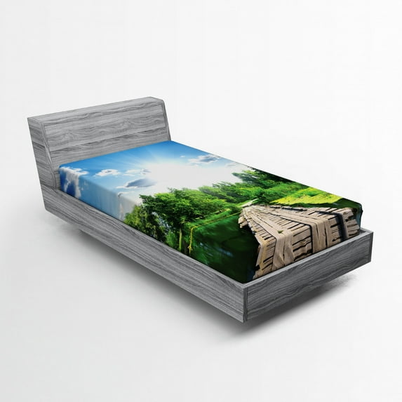Ambesonne Nature Fitted Sheet, Wooden Bridge on River, Twin XL Size, Blue Green