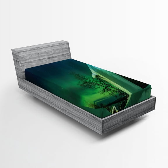 Ambesonne Nature Fitted Sheet, Wooden House Winter, Twin Size, Dark Blue Jade Green