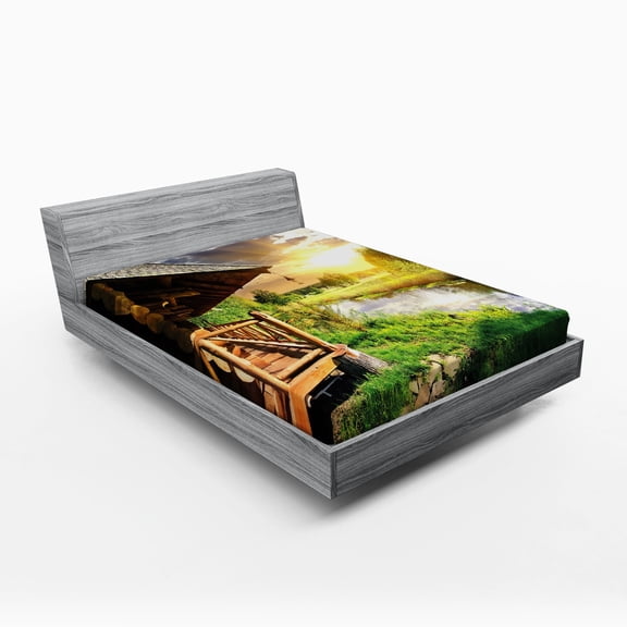Ambesonne Nature Fitted Sheet, Wooden House by the Lake, Queen Size, Multicolor