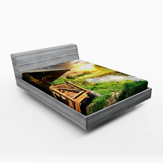 Ambesonne Nature Fitted Sheet, Wooden House by the Lake, Queen Size, Multicolor