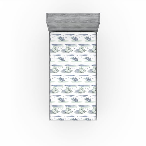 Ambesonne Nature Fitted Sheet, Woodland Mountain Birds Art, Twin Size, Pale Grey Dark Ceil Blue