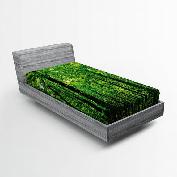 Ambesonne Nature Fitted Sheet, Woodland Tree Forest Sun, Twin XL Size, Fern Green Seal Brown