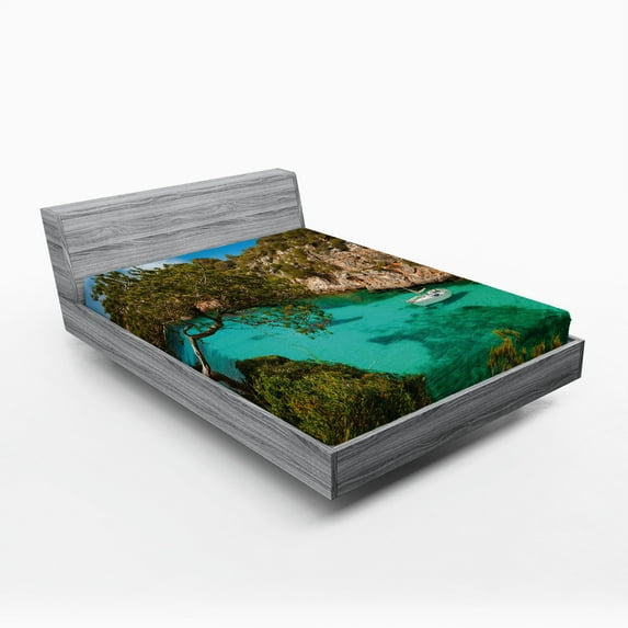 Ambesonne Nature Fitted Sheet, Yacht on Sea Scenic View, Full Size, Green Aqua Blue