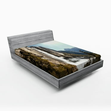 Ambesonne Nature Fitted Sheet, Yosemite Falls Mountain, Queen Size, Green