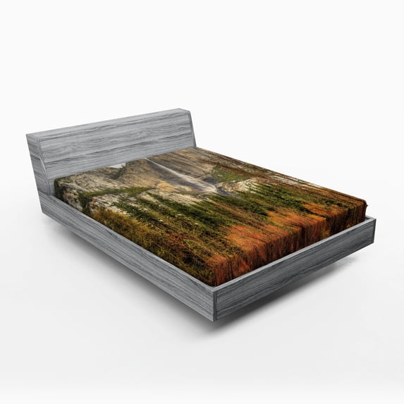 Ambesonne Nature Fitted Sheet, Yosemite Falls Trees, Full Size, Orange Green
