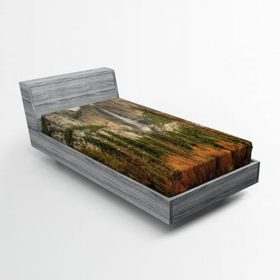 Ambesonne Nature Fitted Sheet, Yosemite Falls Trees, Twin Size, Orange Green