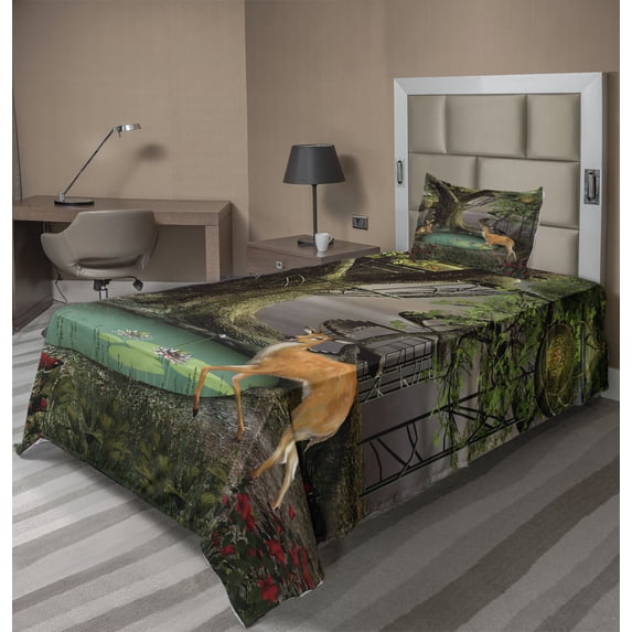 Ambesonne Nature Fitted & Top Sheet Set with Sham, Abstract Deer and Tree House, Multicolor