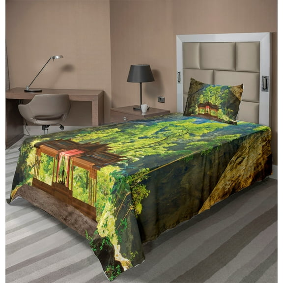 Ambesonne Nature Fitted & Top Sheet Set with Sham, Latent Pavillion Cliff, Multicolor