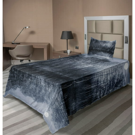 Ambesonne Nature Fitted & Top Sheet Set with Sham, Night Woodland by the Lake, Purpleblue and Black