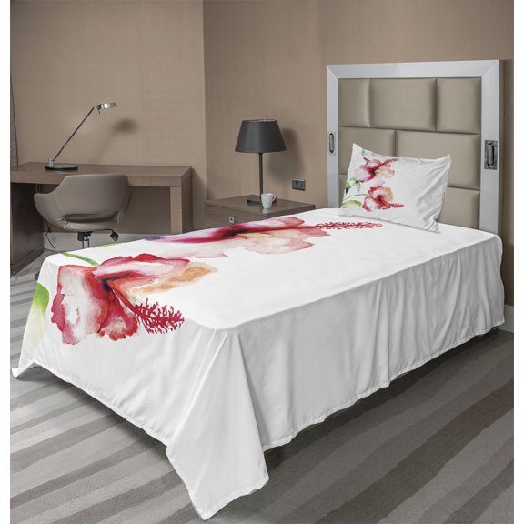 Ambesonne Nature Fitted & Top Sheet Set with Sham, Pastel Nature, White Red Green