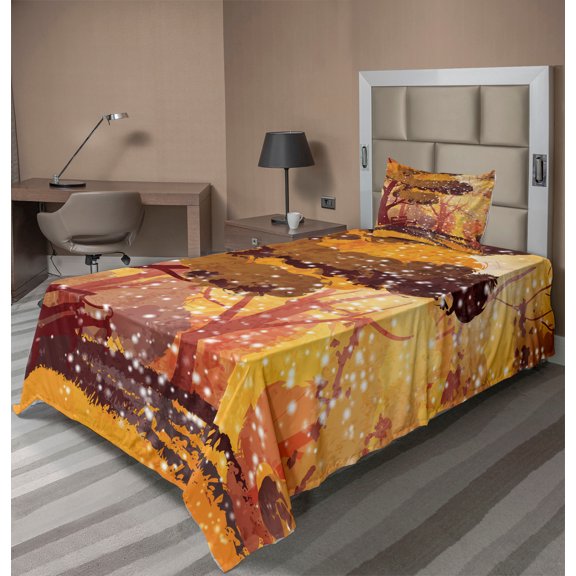 Ambesonne Nature Fitted & Top Sheet Set with Sham, Trees and Bench Snowfall, Multicolor