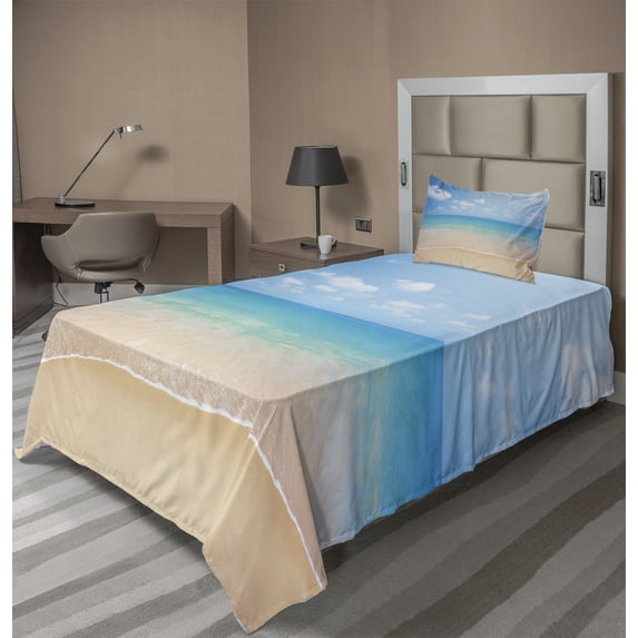Ambesonne Nature Fitted & Top Sheet Set with Sham, Tropical Sea Coast Sky, Cream Blue