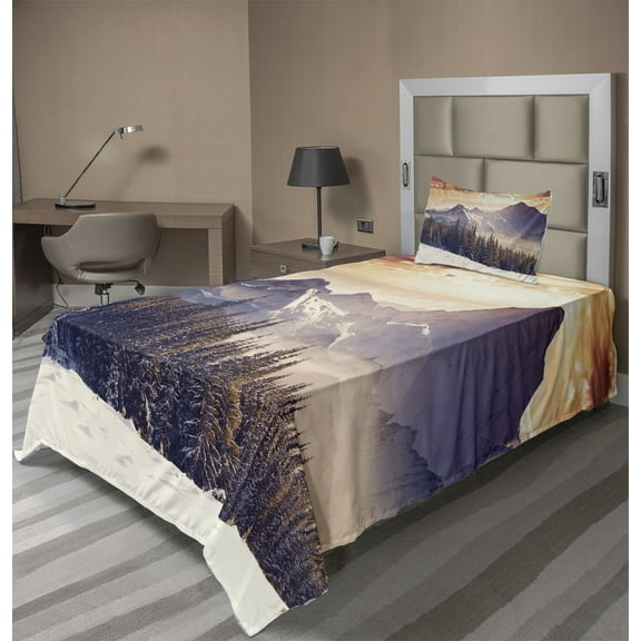 Ambesonne Nature Fitted & Top Sheet Set with Sham, Winter Evening Mountain, Multicolor