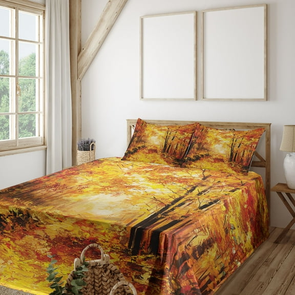Ambesonne Nature Fitted & Top Sheet Set with Shams, Autumn in Relax Forest, Orange Brown