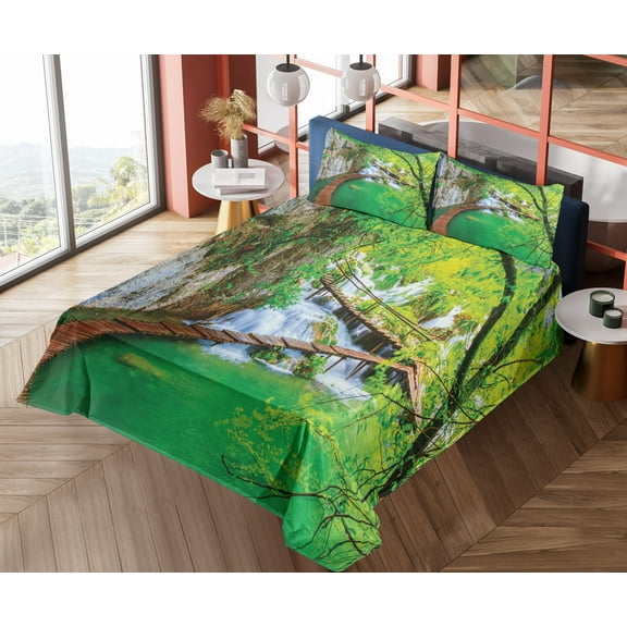 Ambesonne Nature Fitted & Top Sheet Set with Shams, Cascade Trees Greenery, Green Grey