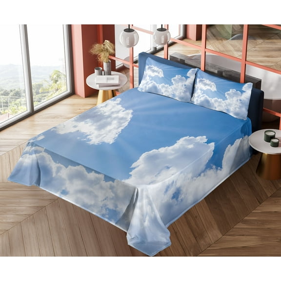 Ambesonne Nature Fitted & Top Sheet Set with Shams, Clouds Scenery, Blue White